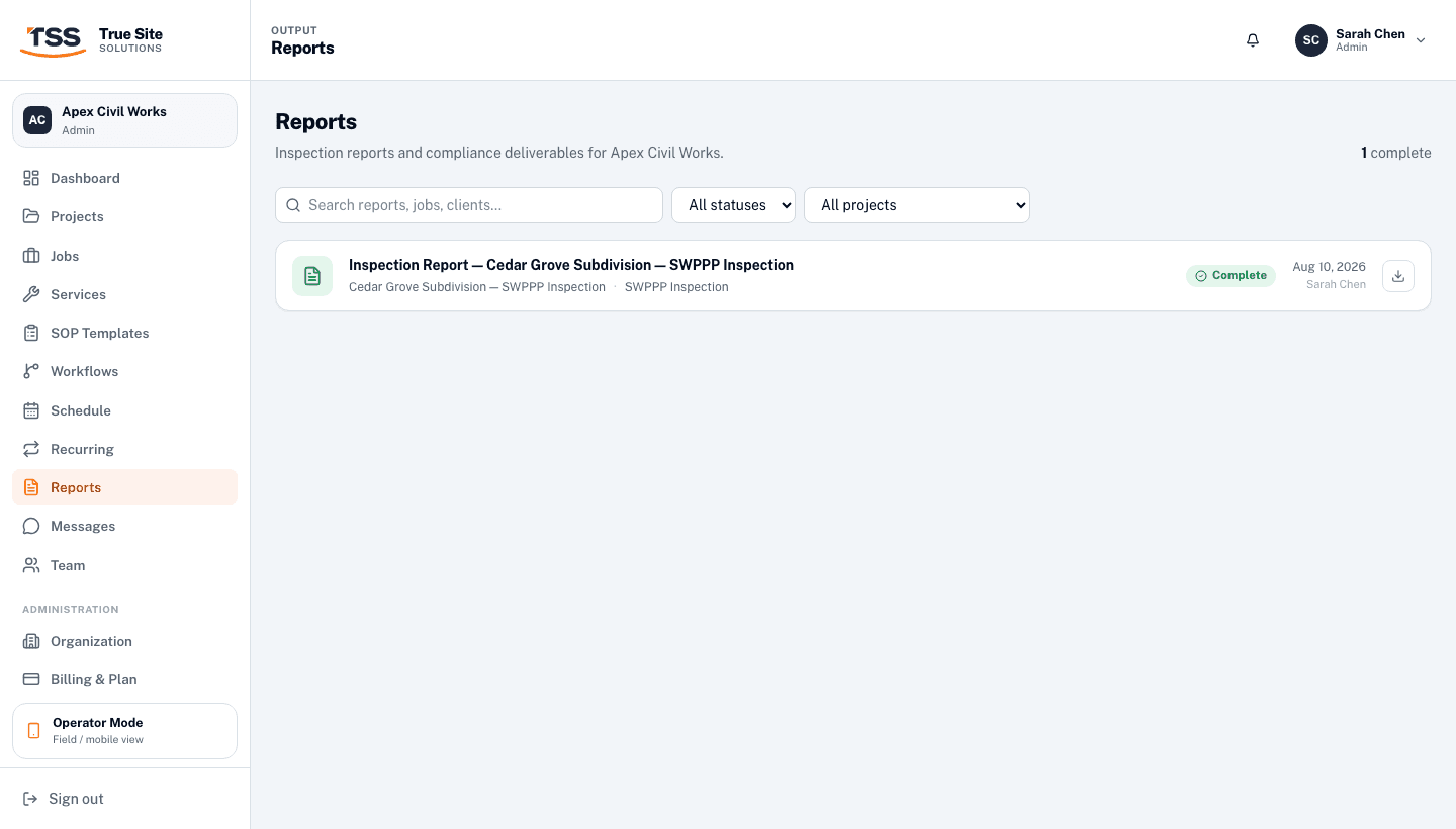 Reports list page with search, status filter, and project filter