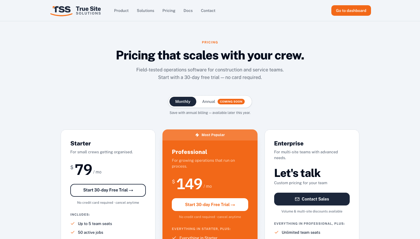 Pricing page showing the three plan cards: Starter, Professional, and Enterprise