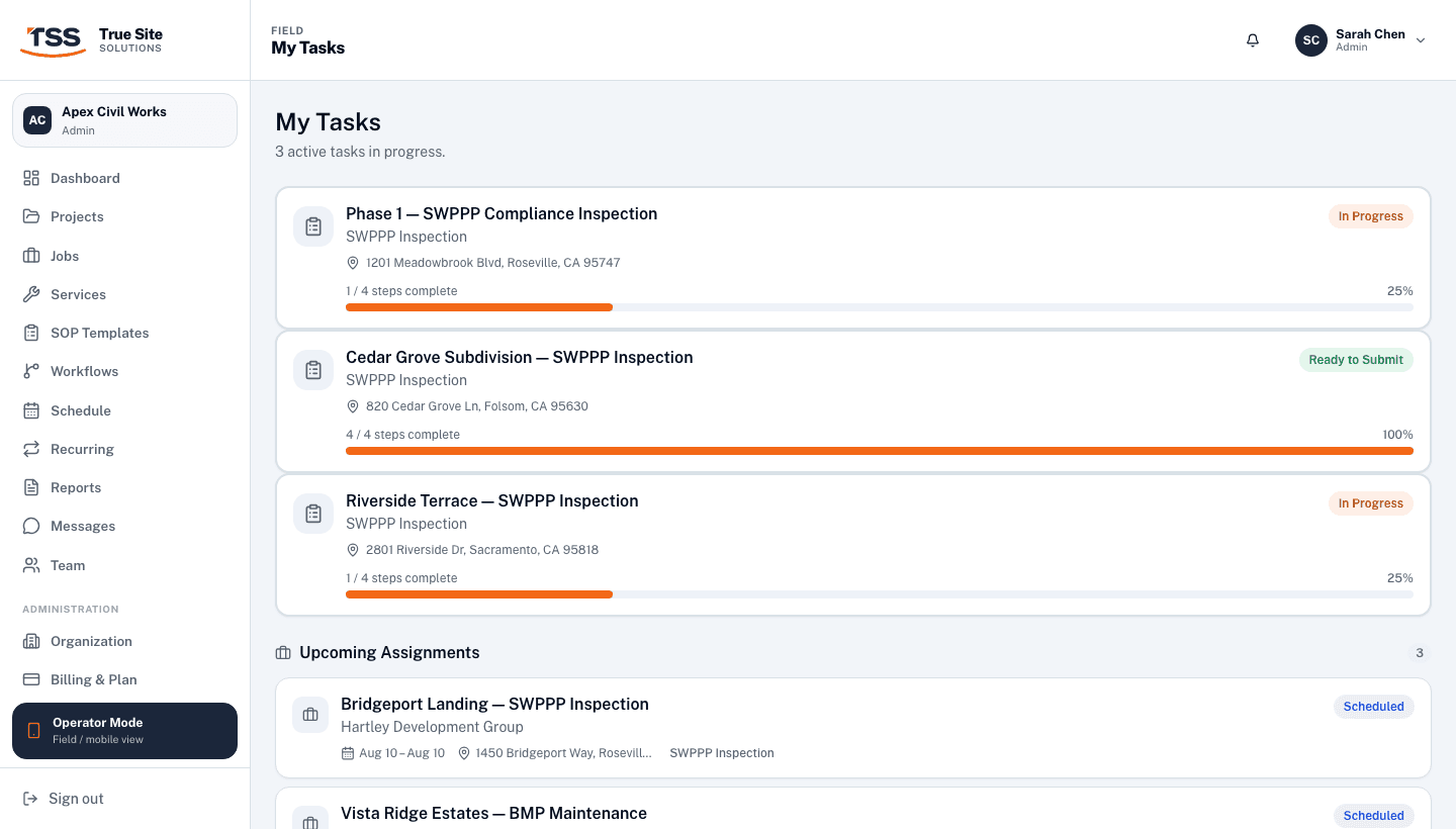 Job detail panel showing status selector, assigned operator, SOP workflow, and customer link