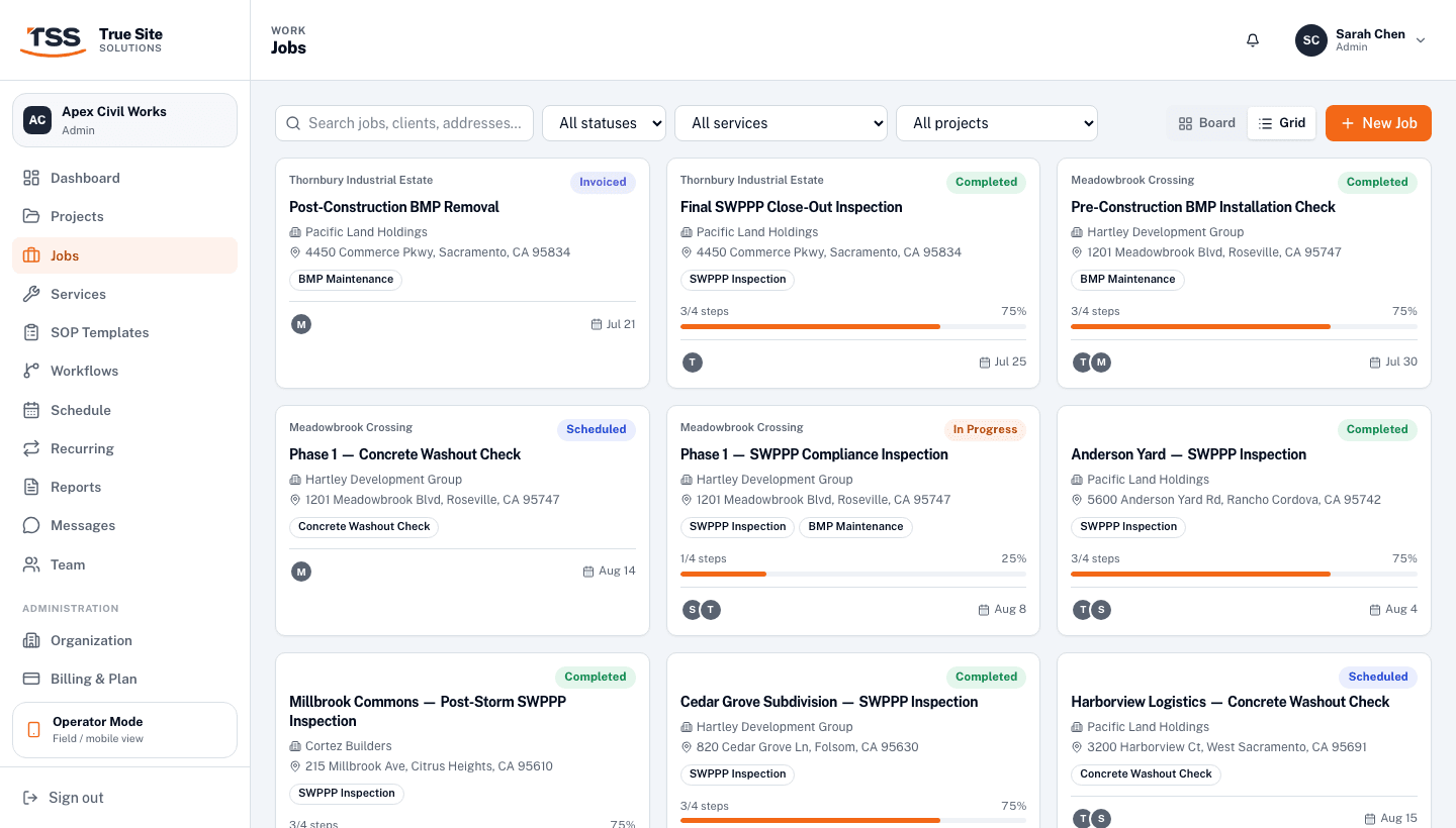 Jobs grid view showing all jobs as a flat list