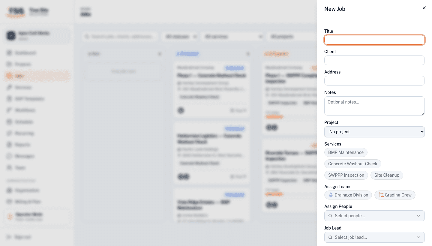 New Job panel showing Title, Client, Address, Services, and assignment fields