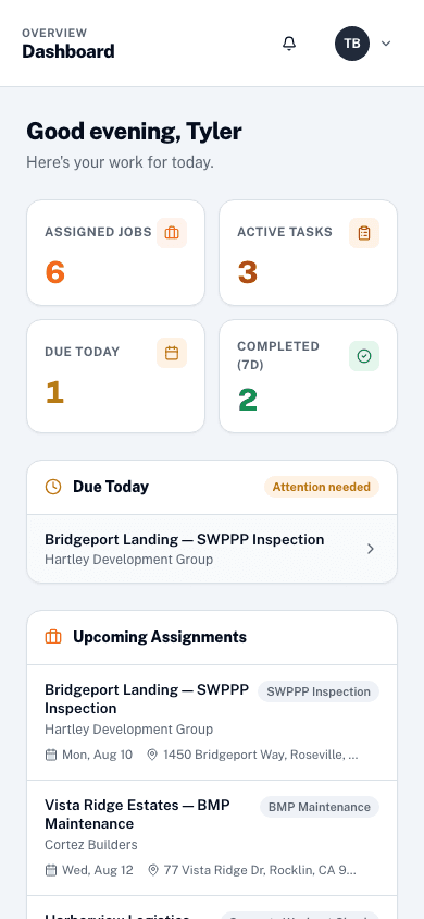 My Tasks screen showing active workflow card and upcoming job assignments