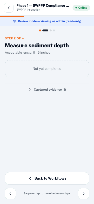 Review screen showing the evidence summary with all captured step values before final submission