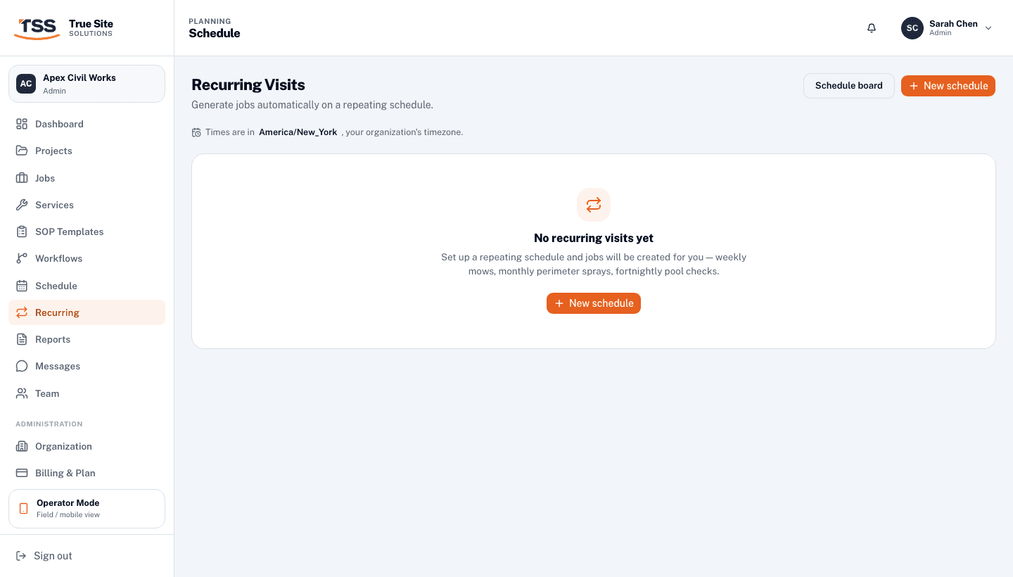 Recurring Visits list showing active schedules with next-run dates and operator assignments