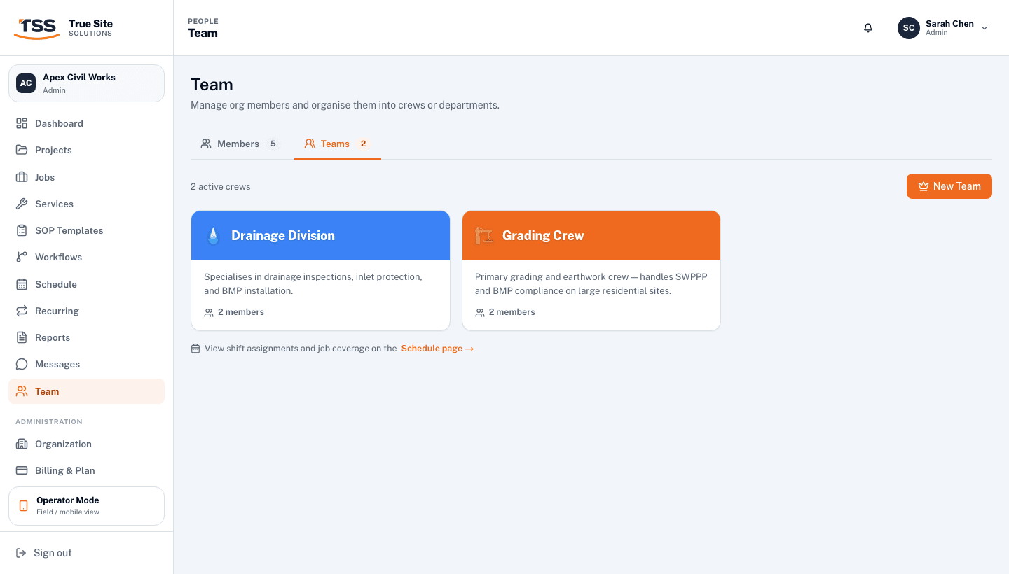 Team drawer open, showing colour swatches, member list, and role options