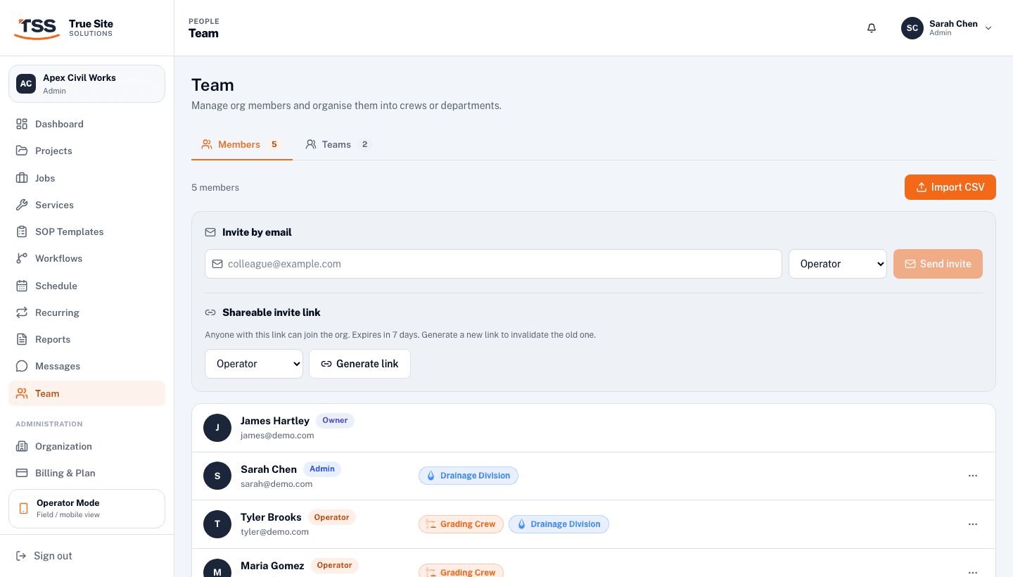 Members tab showing the full member list with role badges and crew chips